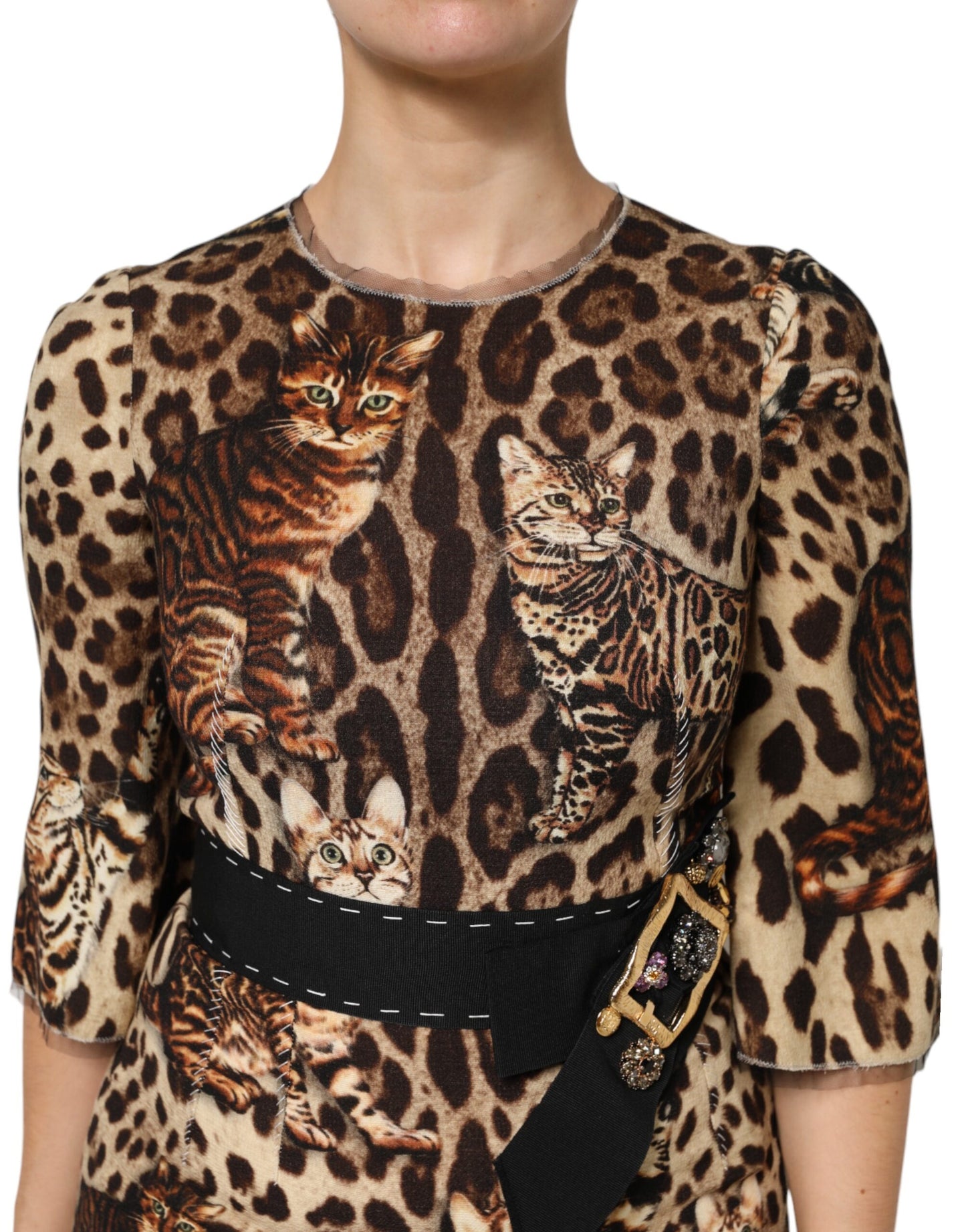 Dolce & Gabbana Brown Leopard Print Belted A-line Midi Dress
