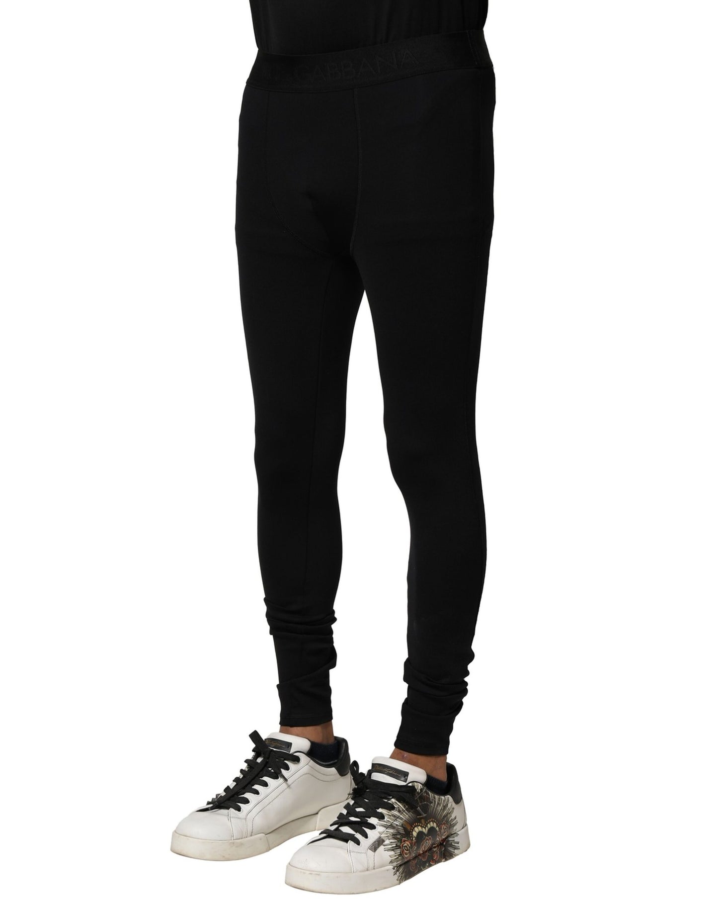 Dolce & Gabbana Black Nylon Elastic Logo Men Leggings Pants