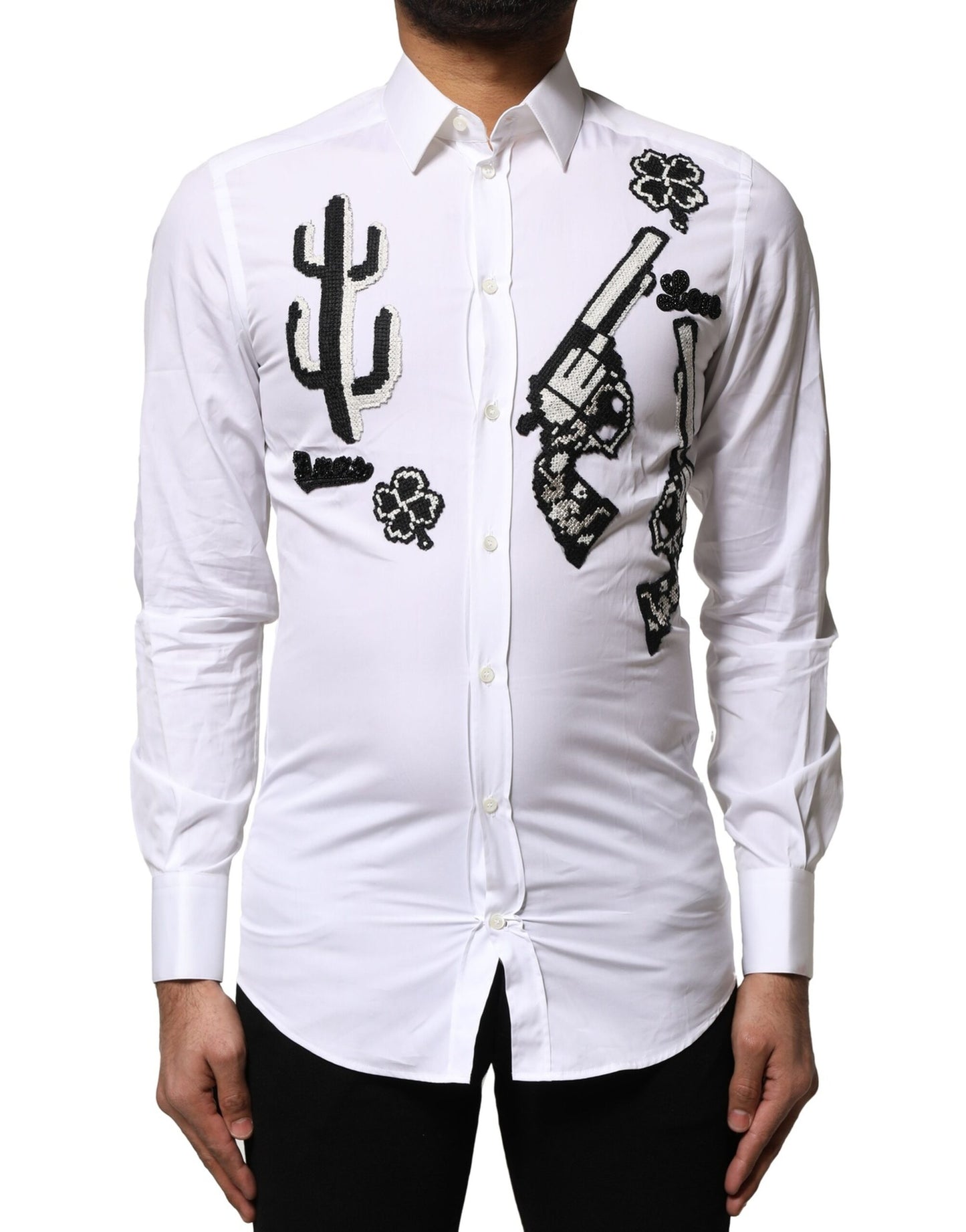 Dolce & Gabbana White GOLD Embroidery Detailed Dress Shirt
