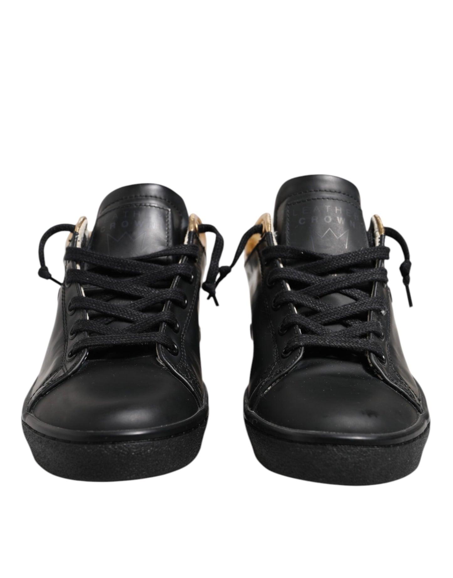 Leather Crown Black Gold Lace Up Low Top Women Sneakers Shoes