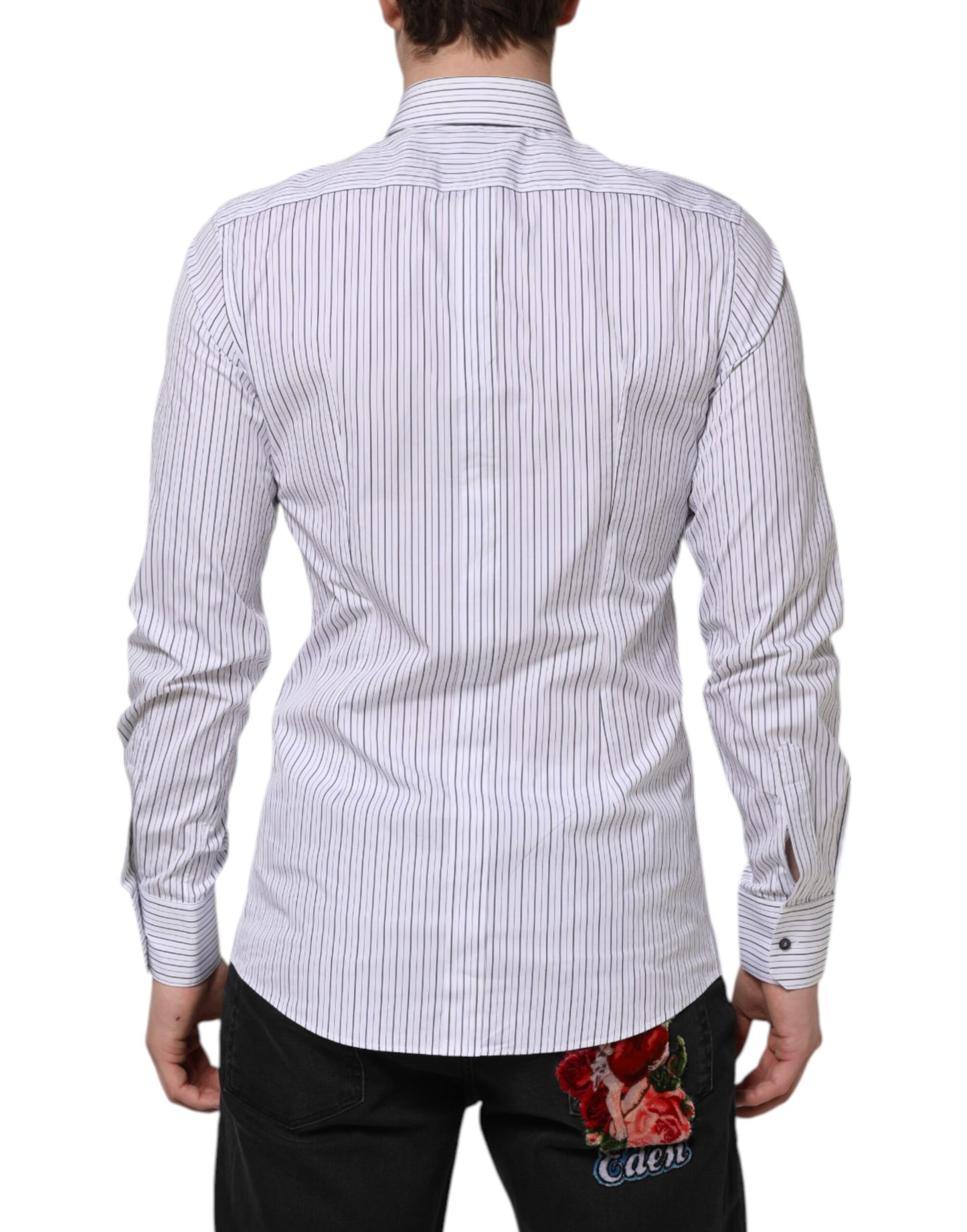Dolce & Gabbana White Blue Striped Cotton GOLD Formal Shirt