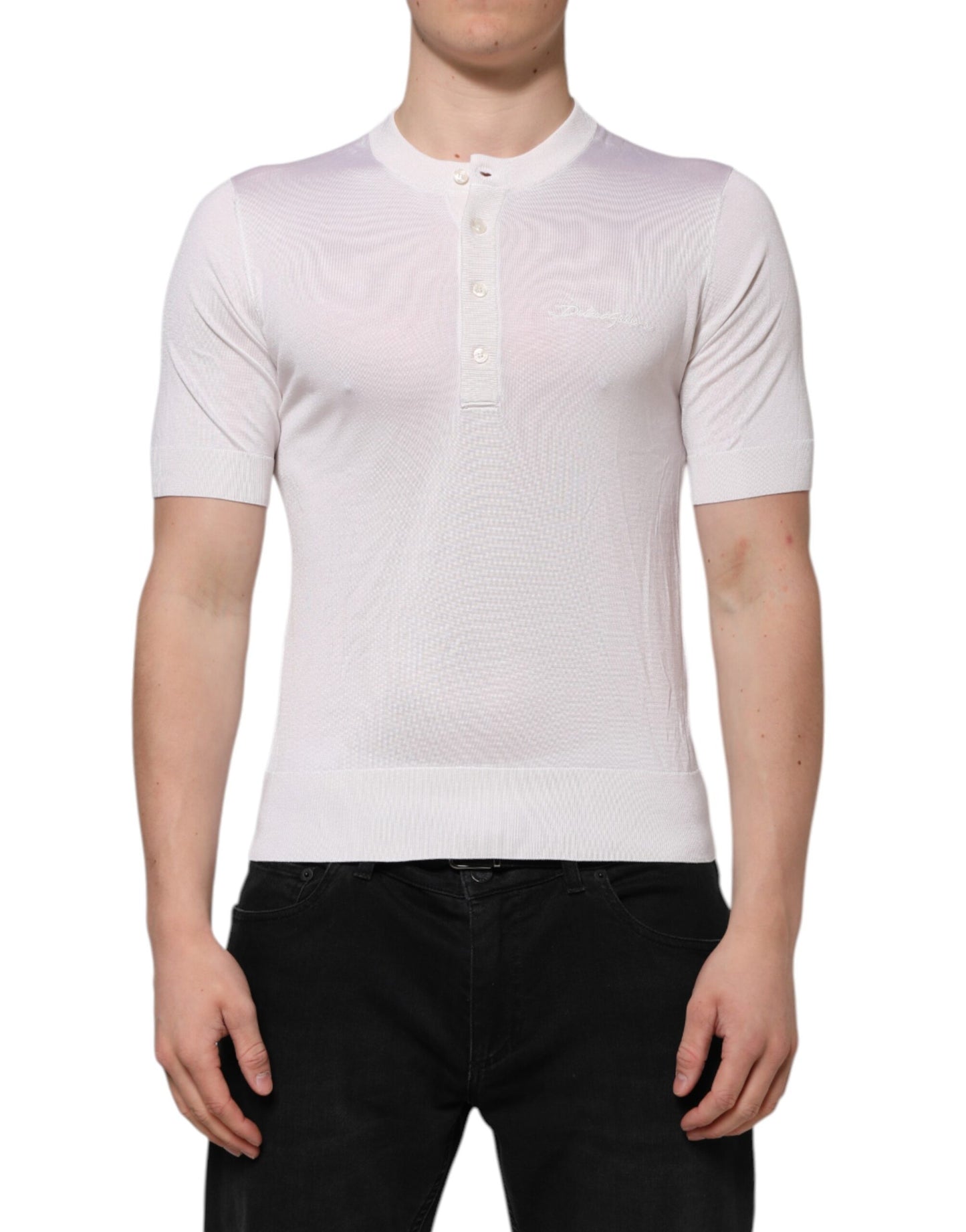 Dolce & Gabbana White Silk Short Sleeves Men Henley T-shirt
