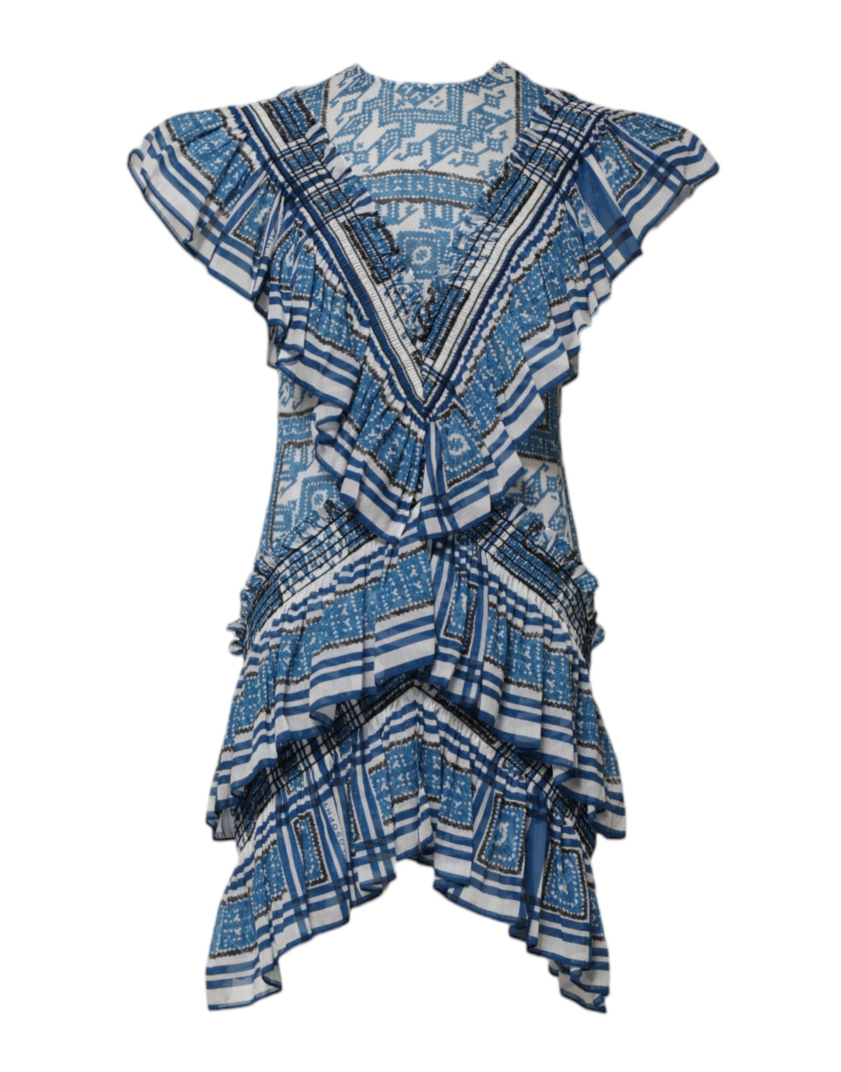 Philosophy di Lorenzo Serafini Blue Patterned Layered Short Sleeves Mini Dress