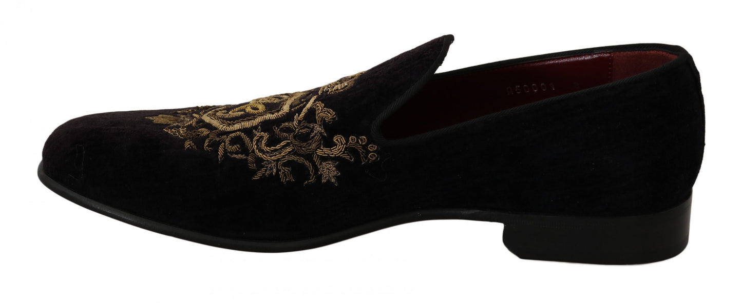 Dolce &amp; Gabbana Tyylikkäät mustat loaferit kultakruunukirjailulla