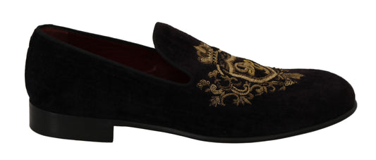 Dolce &amp; Gabbana Tyylikkäät mustat loaferit kultakruunukirjailulla