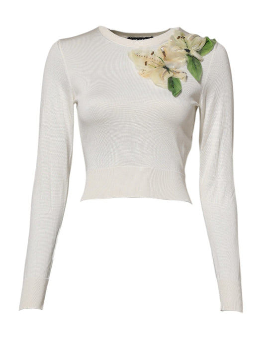 Dolce & Gabbana White Silk Lily Embellished Pullover Sweater