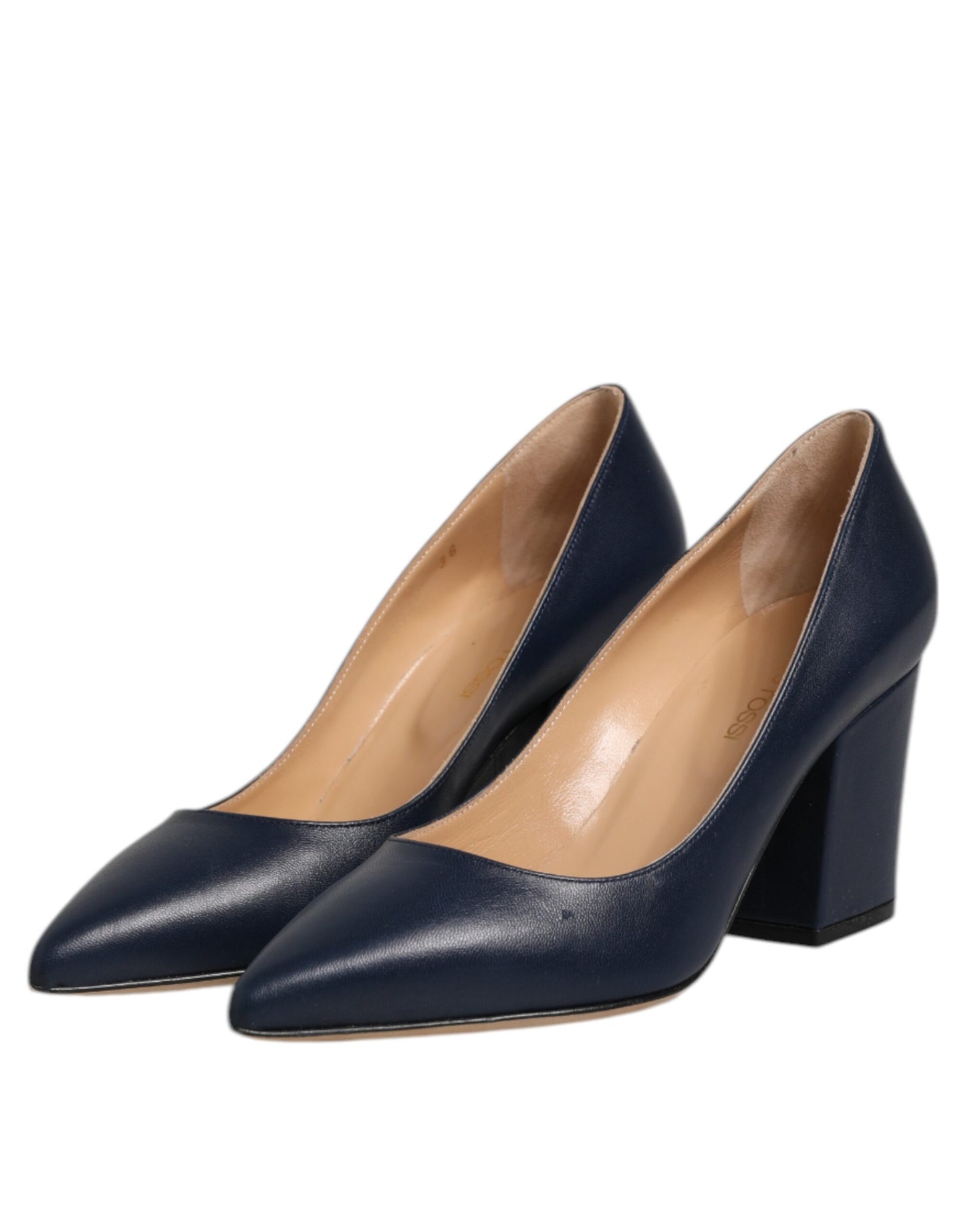 Sergio Rossi Blue Leather Pointed Toe Block Heels Shoes