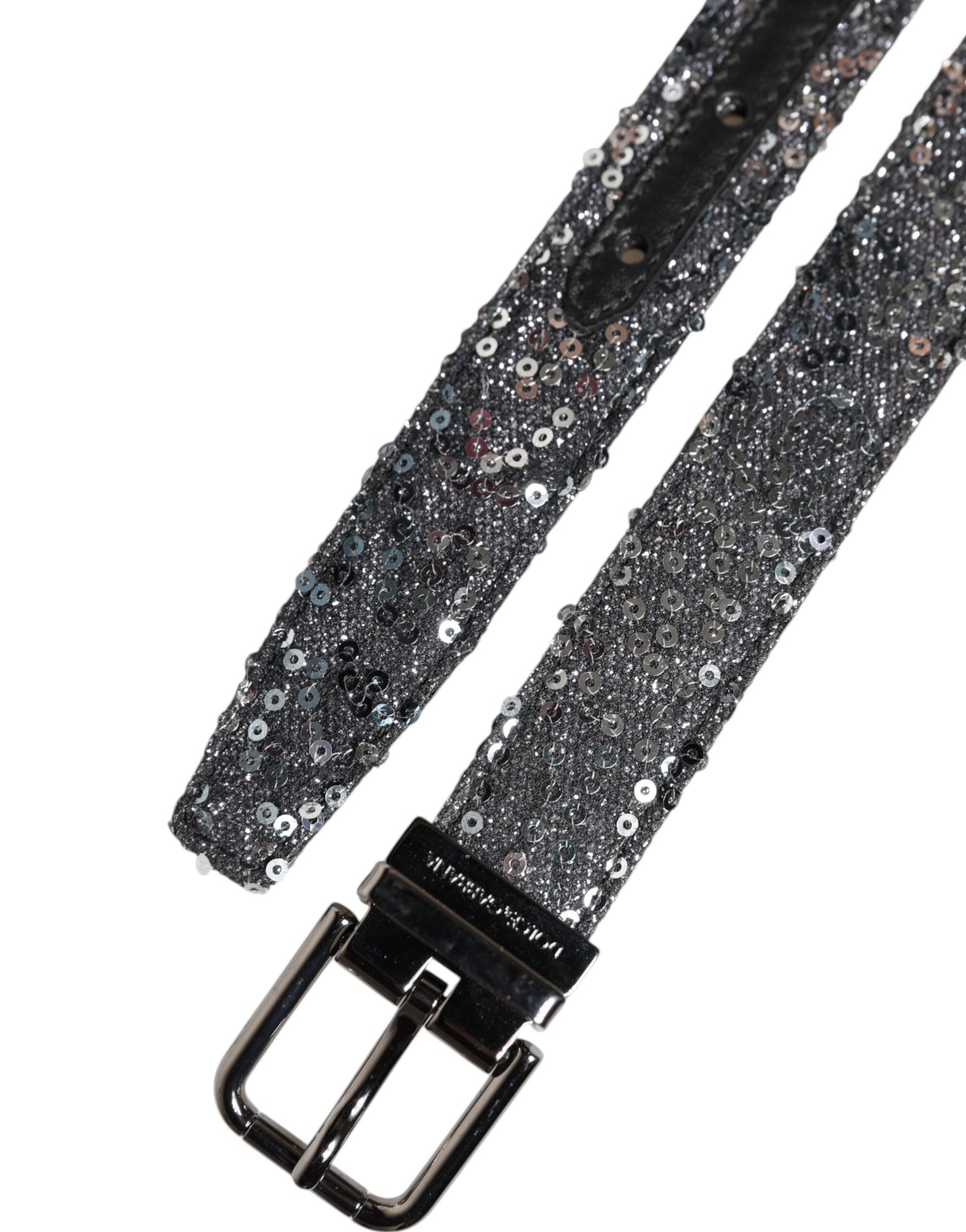 Dolce & Gabbana Black Sequins Silver Metal Logo Buckle Belt