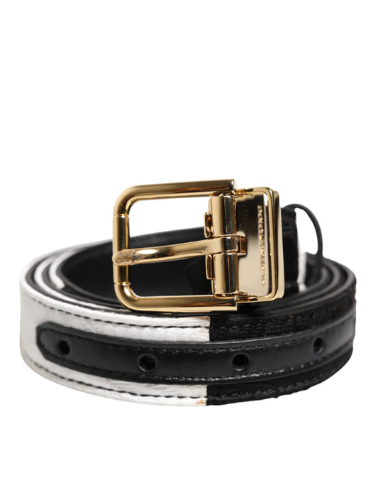 Dolce & Gabbana Black White Patchwork Gold Metal Buckle Belt