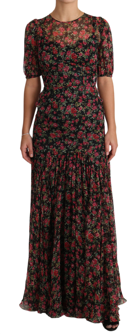 Dolce &amp; Gabbana Elegant Black Silk Floral A-Line Dress