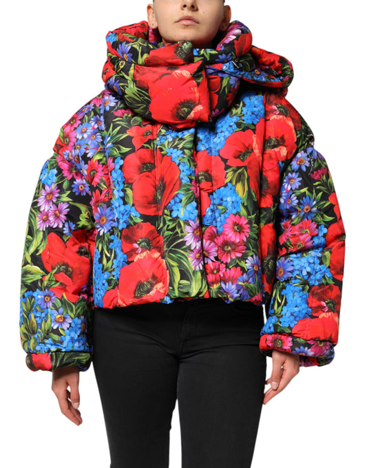 Dolce & Gabbana Multicolor Floral Hooded Puffer Coat Jacket