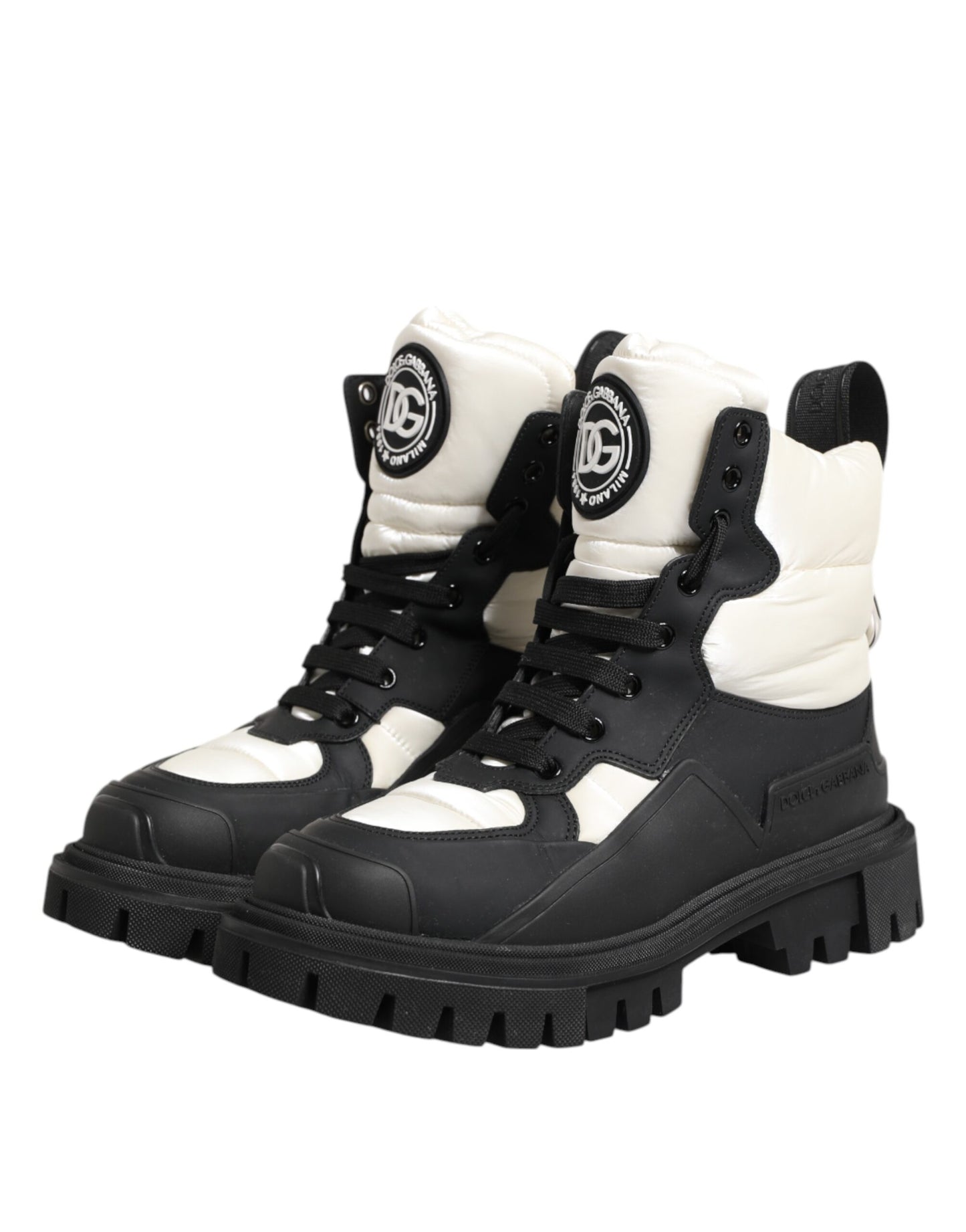 Dolce & Gabbana Black White Padded Lace Up Short Boots Shoes
