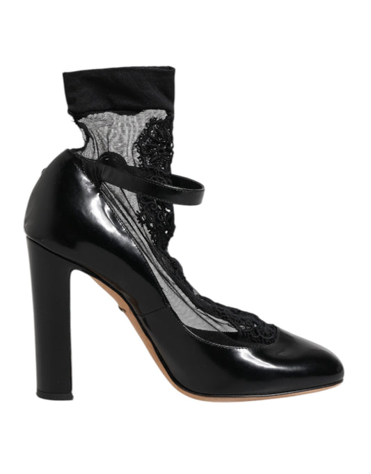Dolce & Gabbana Black Leather Lace Socks Heels Pumps Shoes