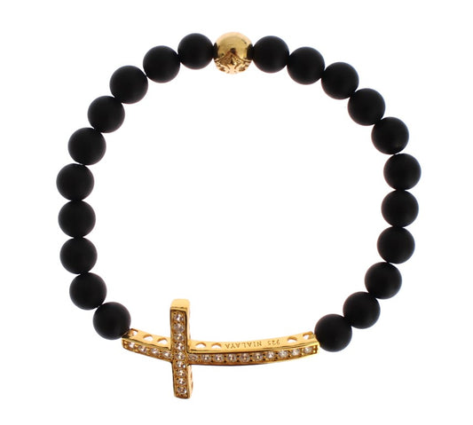 Nialaya Chic Matte Onyx Perle & CZ Diamant Kreuz-Armband