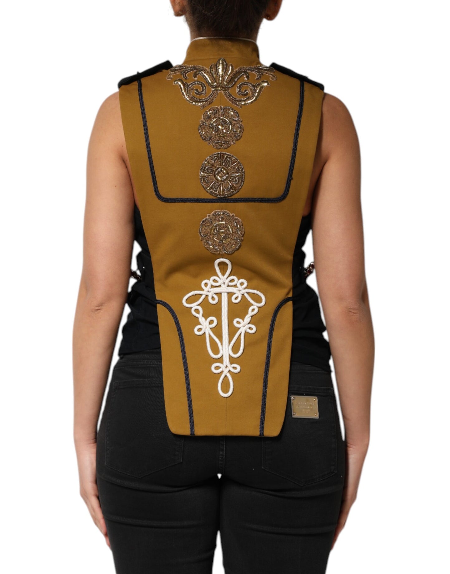 Dolce & Gabbana Yellow Crystal Cross Runway Vest Jacket Top