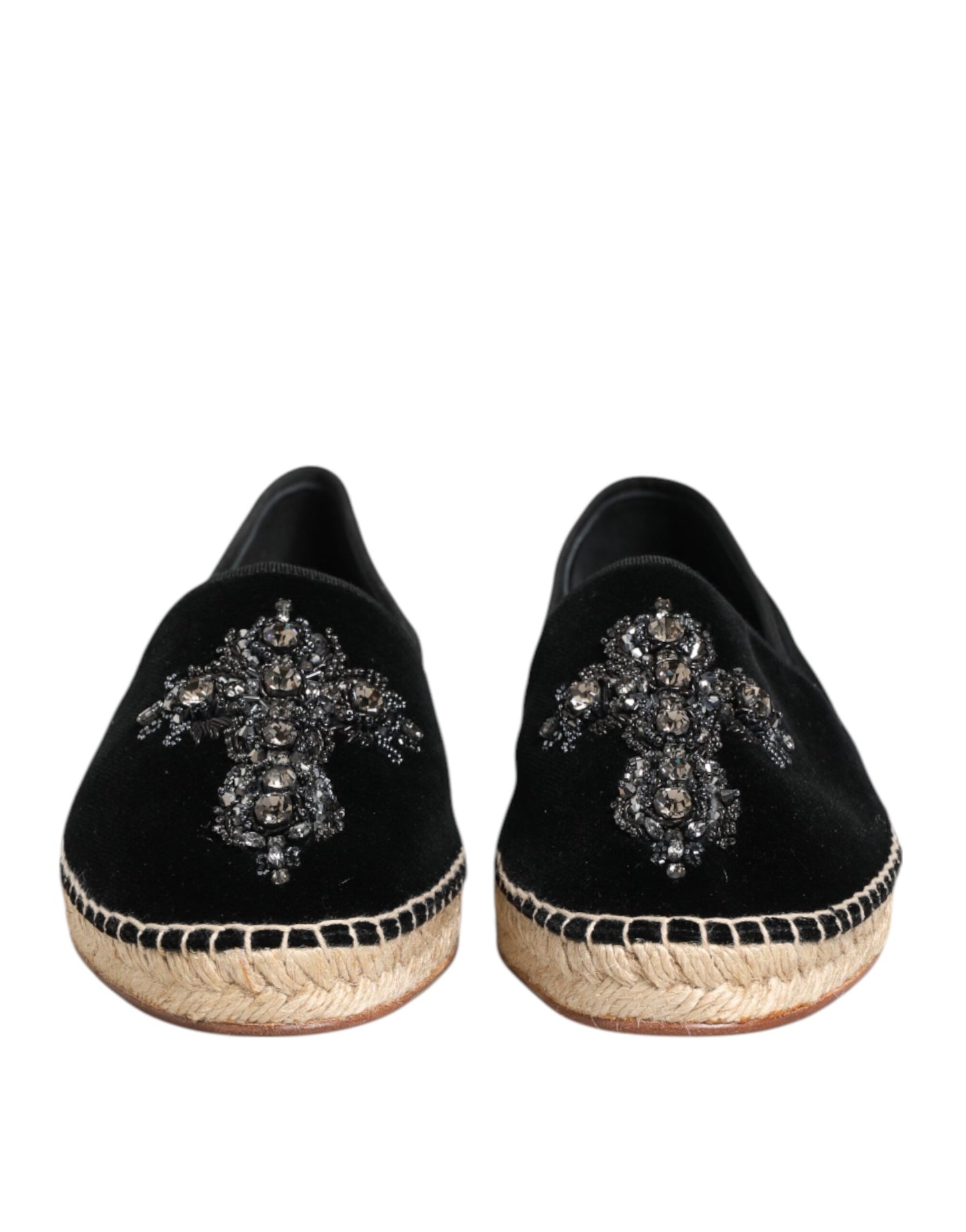 Dolce & Gabbana Black Cross Crystal Slip On Espadrille Shoes
