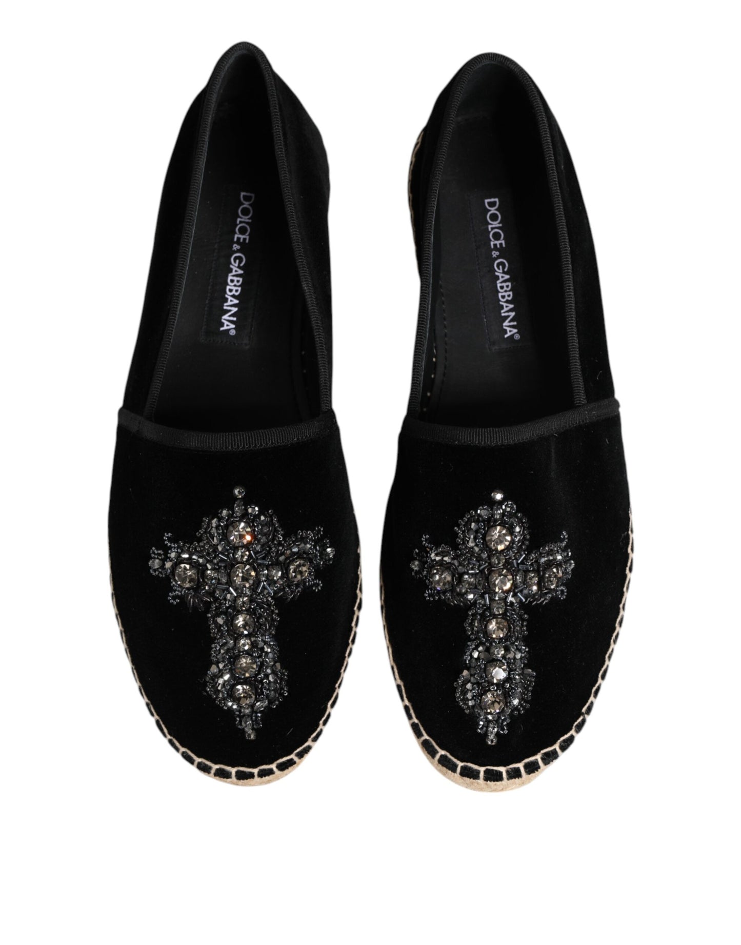 Dolce & Gabbana Black Cross Crystal Slip On Espadrille Shoes