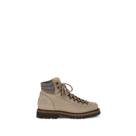 Brunello Cucinelli Beige Calf Leather Bos Taurus Lace-Up Boots