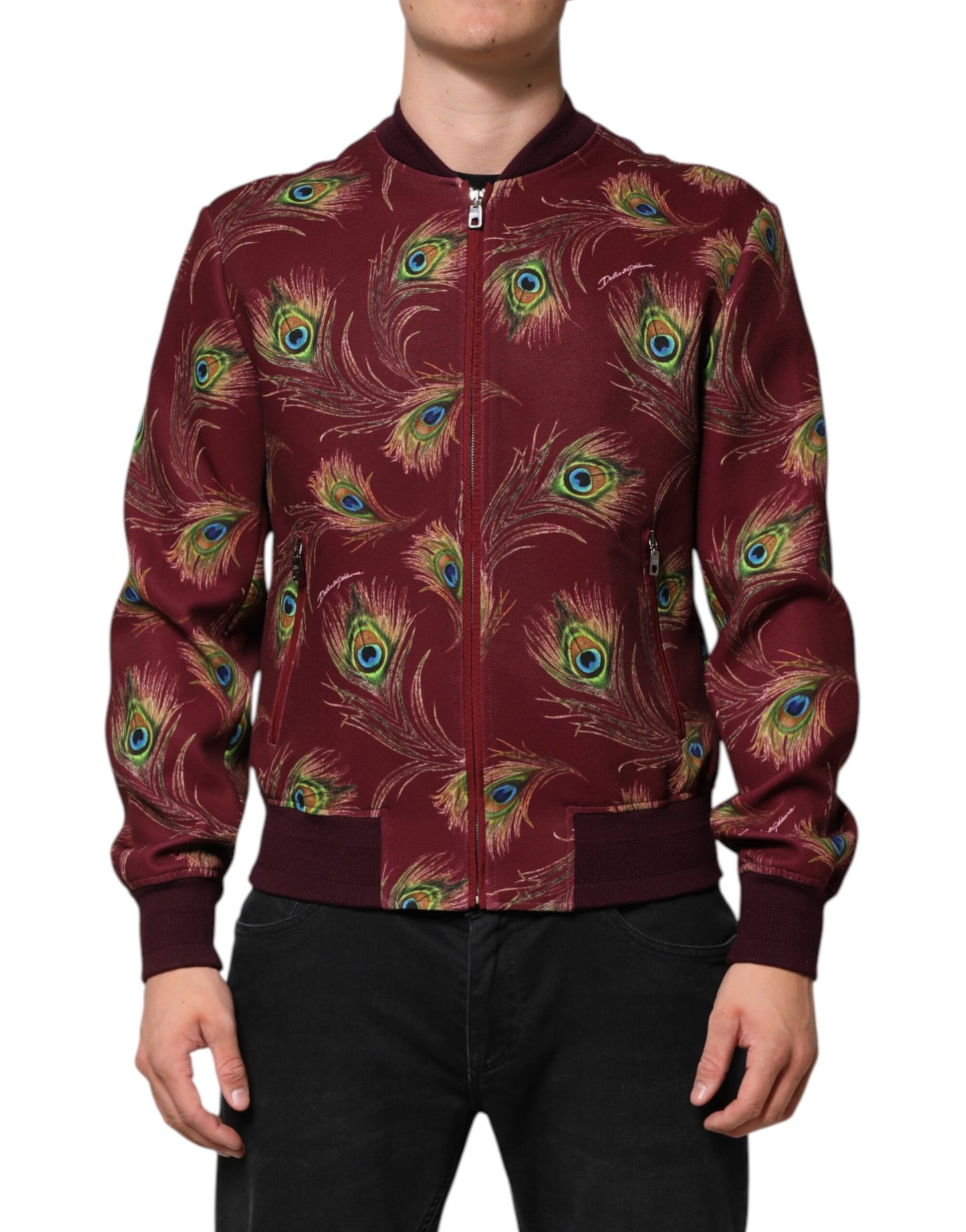 Dolce & Gabbana Maroon Peacock Feather Print Bomber Jacket