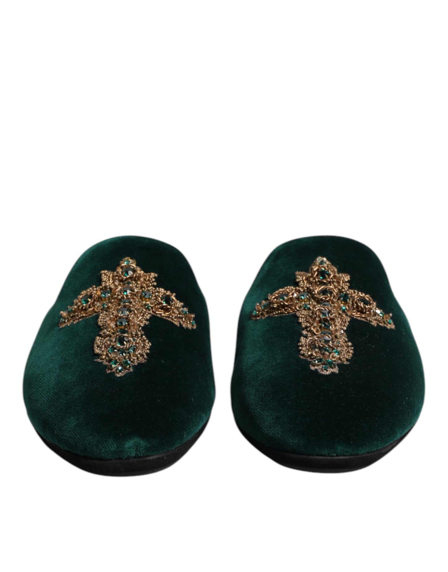 Dolce & Gabbana Green Velvet Cross Embellished Slippers Shoes