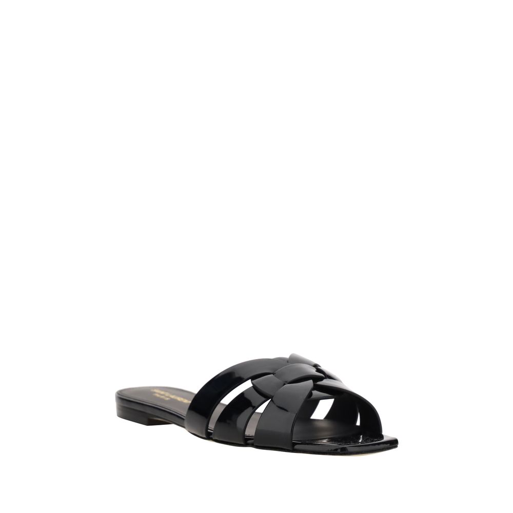 Saint Laurent Black Calf Leather Bos Taurus Flat Sandals