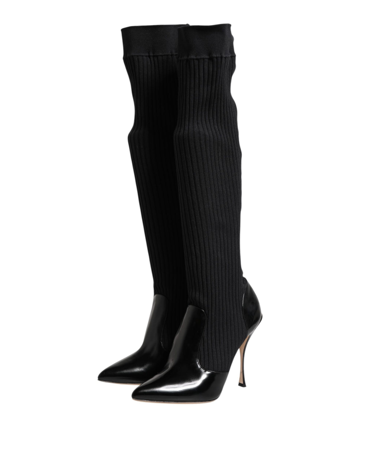 Dolce & Gabbana Black Leather Ribbed Knit Knee Boots Shoes