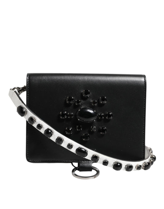 Dolce & Gabbana Black Leather Crystal Embellished Card Holder Wallet