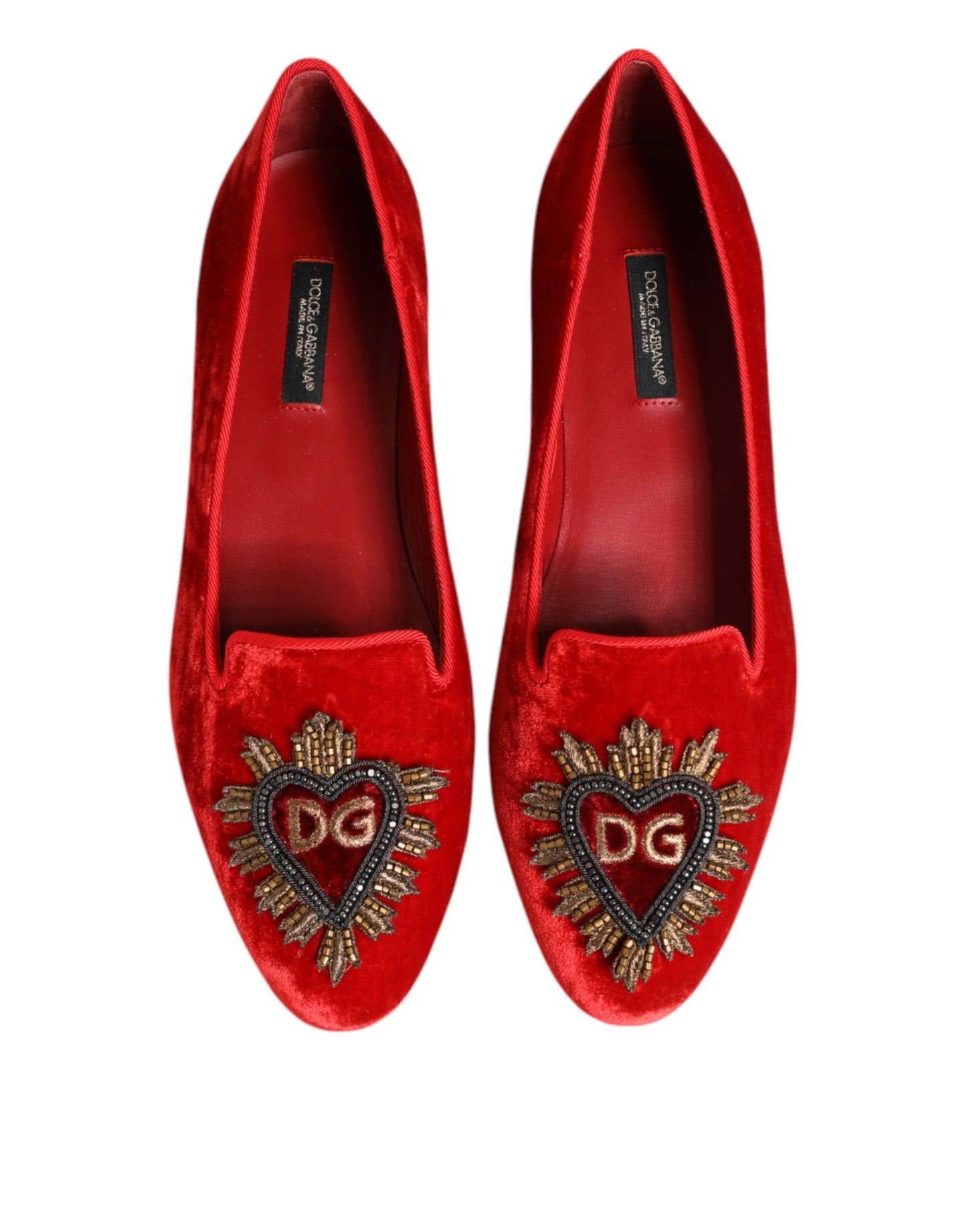 Dolce & Gabbana Red Velvet DG Heart Loafers Flats Shoes