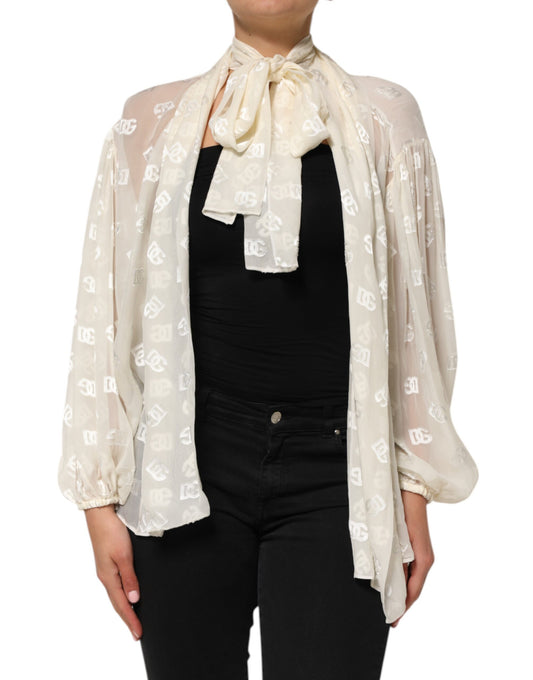 Dolce & Gabbana Off White Logo Monogram Ascot Collar Top