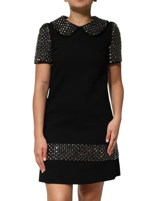 Dolce & Gabbana Black Crystal Embellished Collared Mini Dress