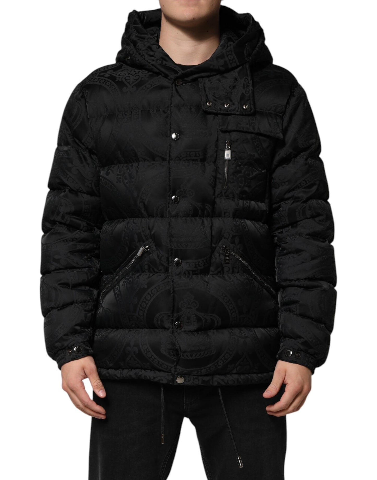 Dolce & Gabbana Black Jacquard Quilted Puffer Hooded Jacket