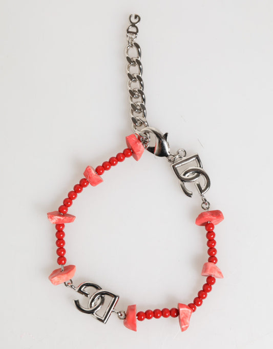Dolce & Gabbana Silver Tone Brass Beaded Resin DG Logo Chain Men Bracelet
