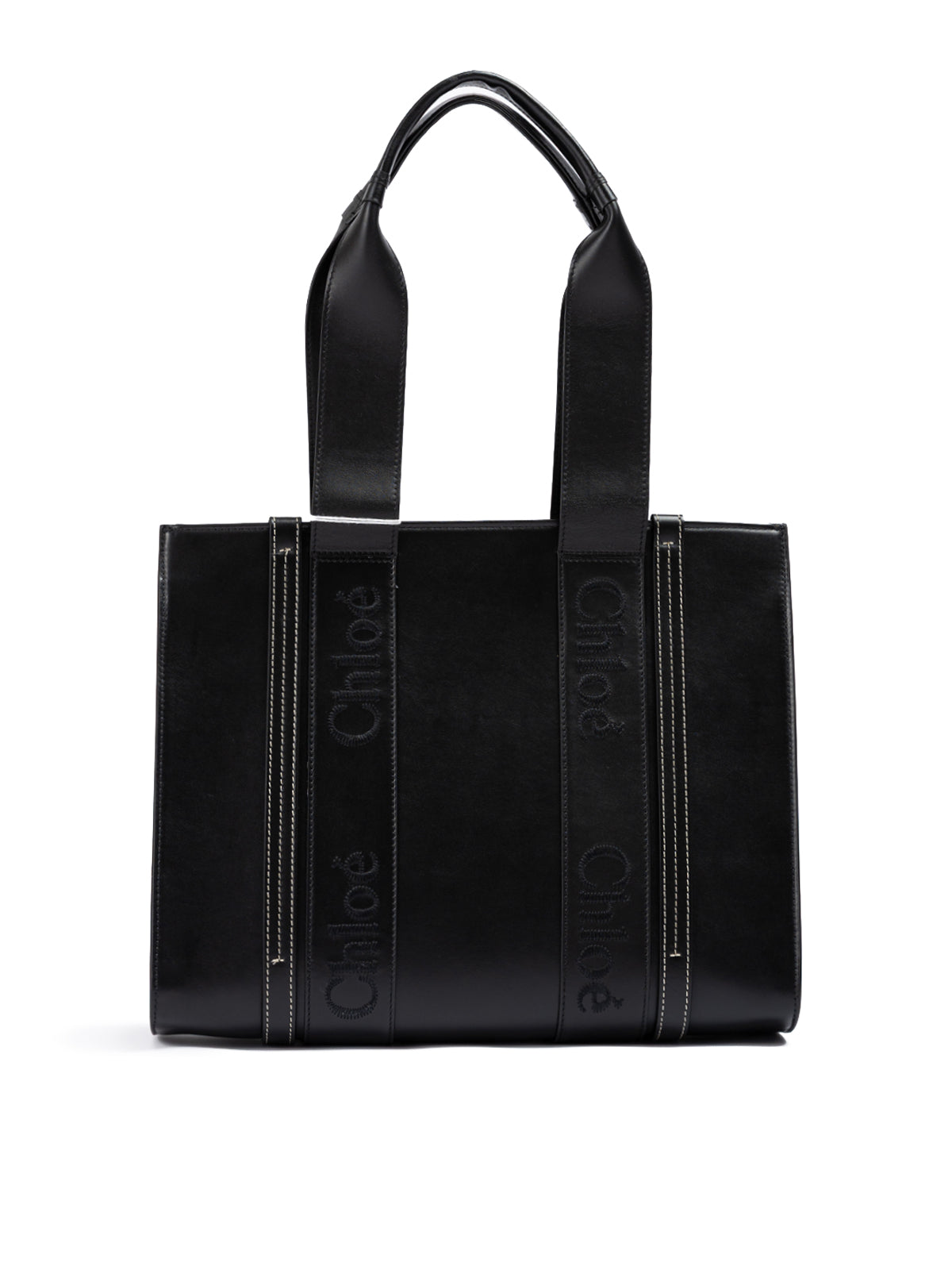 Chloé Black Woody Embroidered Logo Leather Medium Tote Bag