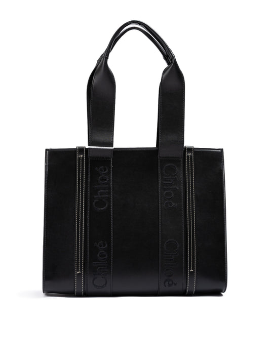 Chloé Black Woody Embroidered Logo Leather Medium Tote Bag
