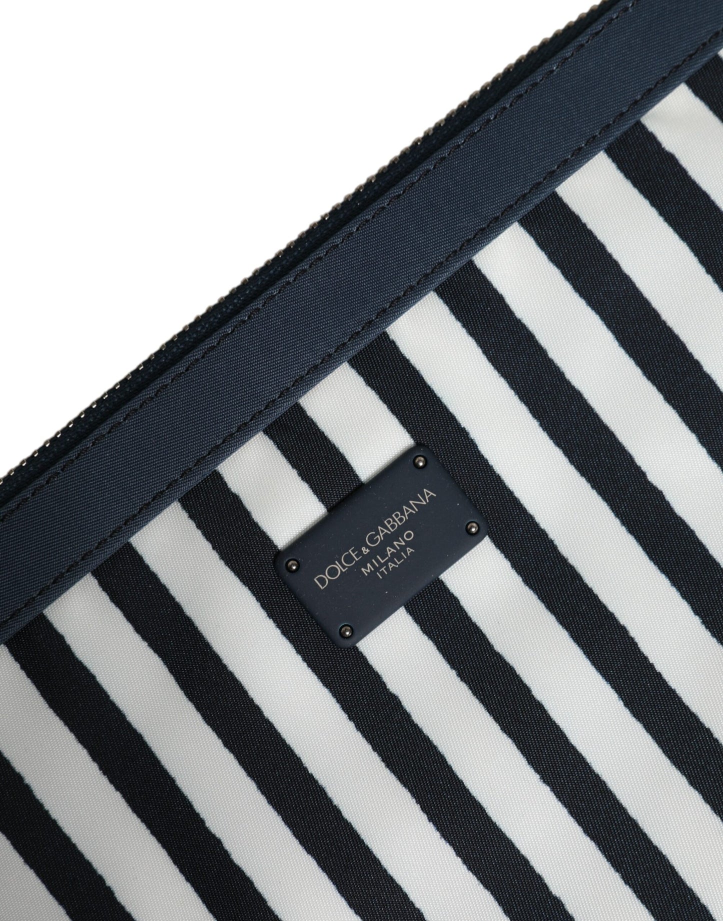 Dolce & Gabbana Black White Striped Logo Plaque Clutch Pouch Bag