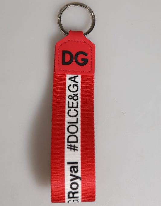 Dolce & Gabbana Red Logo Polyester Silver Brass Holder Keychain Keyring