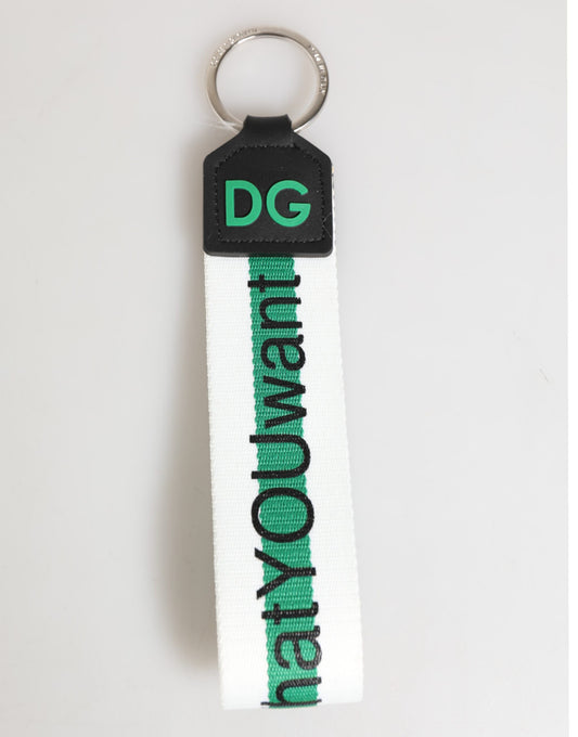 Dolce & Gabbana Green Logo Polyester Silver Brass Holder Keychain Keyring