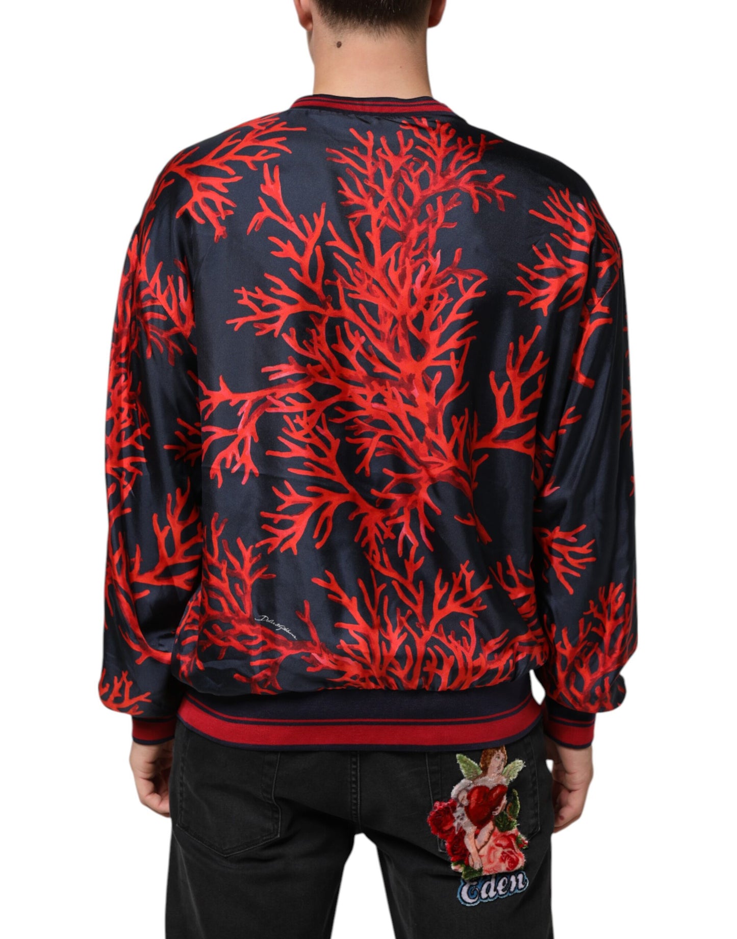 Dolce & Gabbana Silk Navy Red Coral Print Pullover Sweater