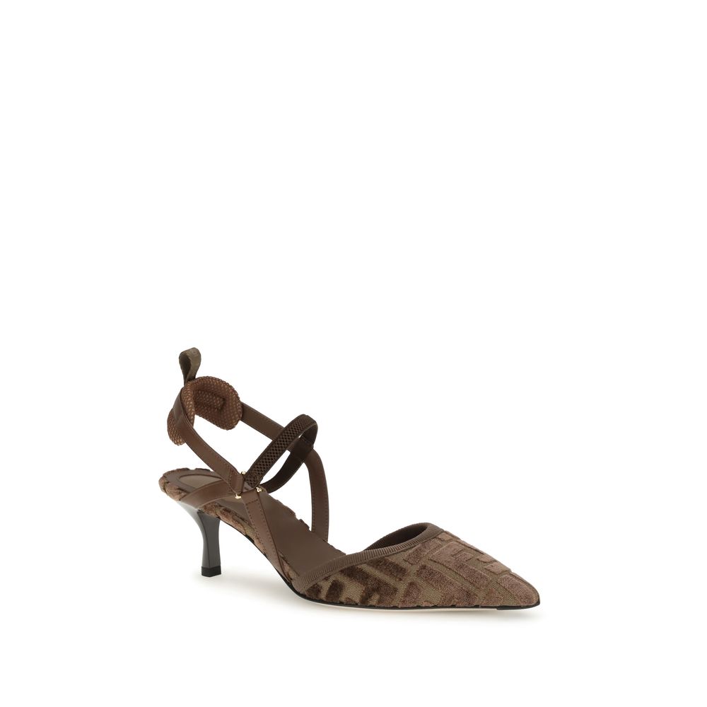 Fendi Brown Fabric Mid Heel Pumps