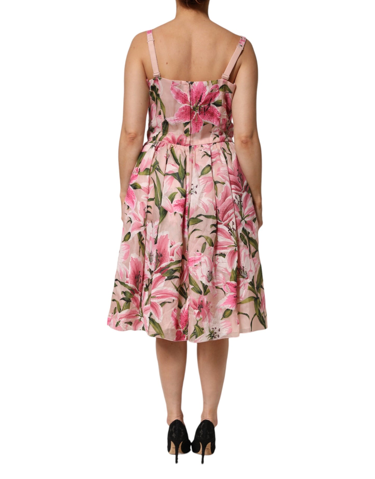 Dolce & Gabbana Pink Floral Lily Print Midi Sleeveless Dress