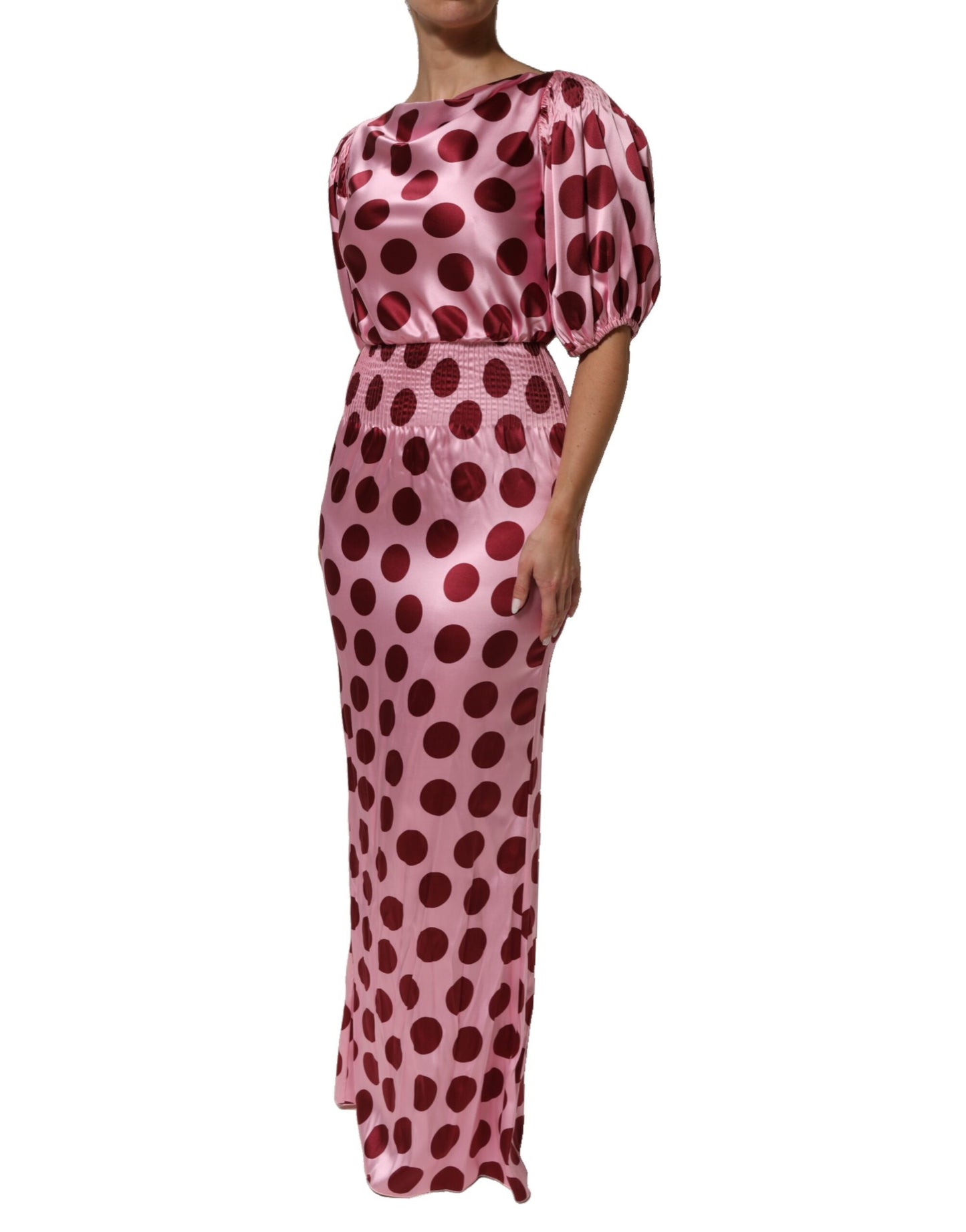 Dolce & Gabbana Pink Red Polka Dot Silk Satin Maxi Gown Dress