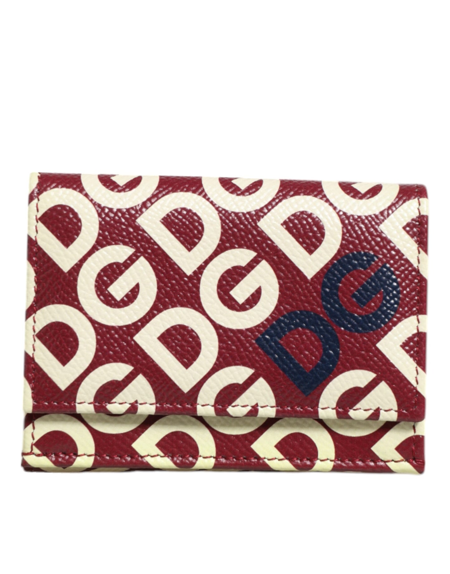 Dolce & Gabbana Burgundy Logo Print Calf Leather French Flap Card Holder Wallet