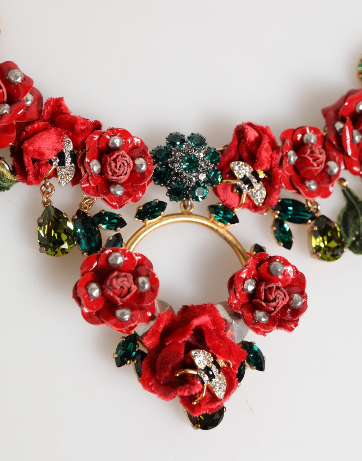 Dolce & Gabbana Red Rose Floral Crystal Embellished Statement Jewelry Necklace