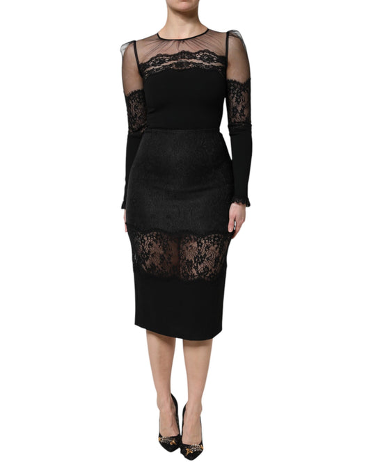 Dolce & Gabbana Black Lace Trim Nylon Tulle SheathMidi Dress