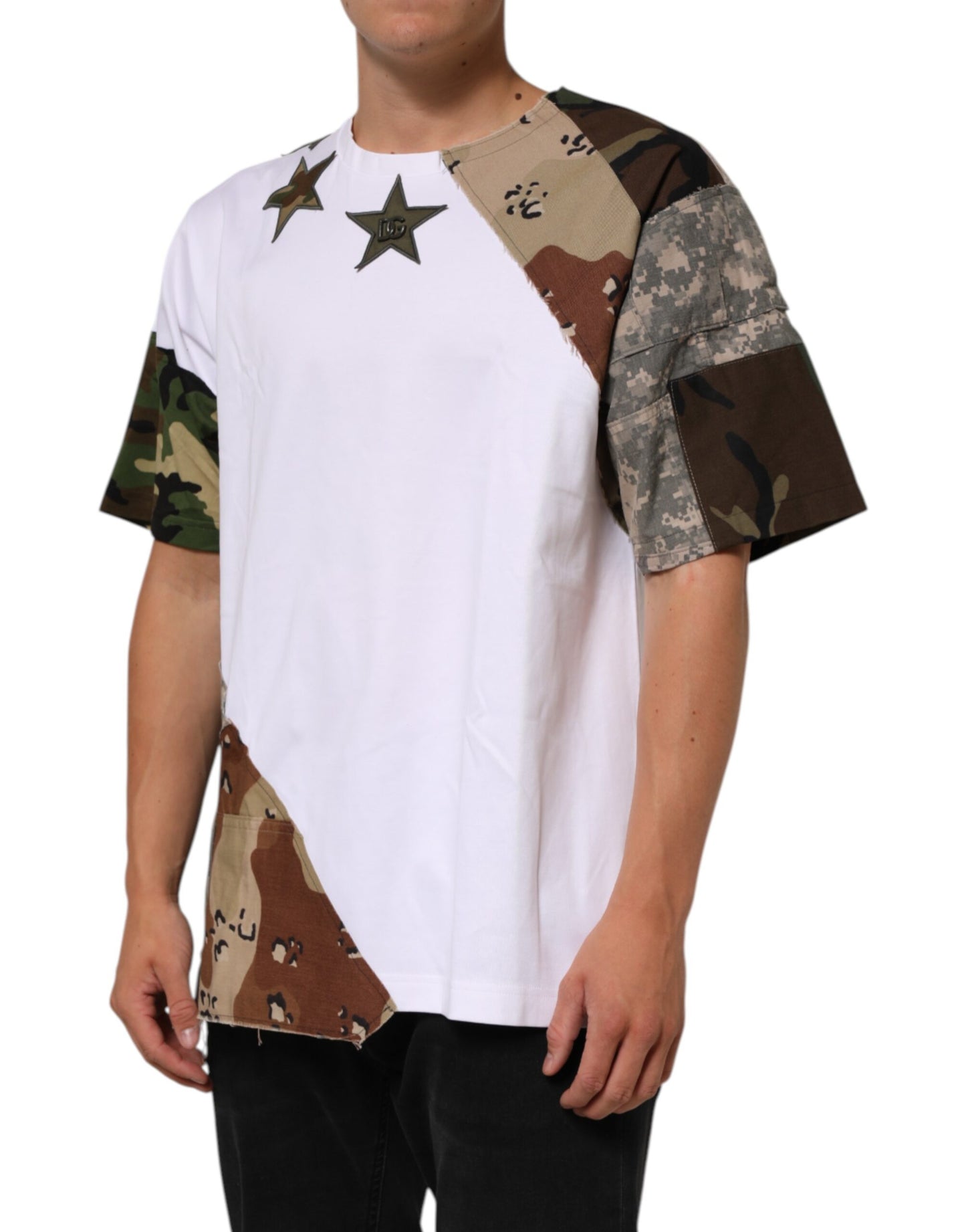 Dolce & Gabbana White Camouflage Patckwork Men Cotton T-shirt