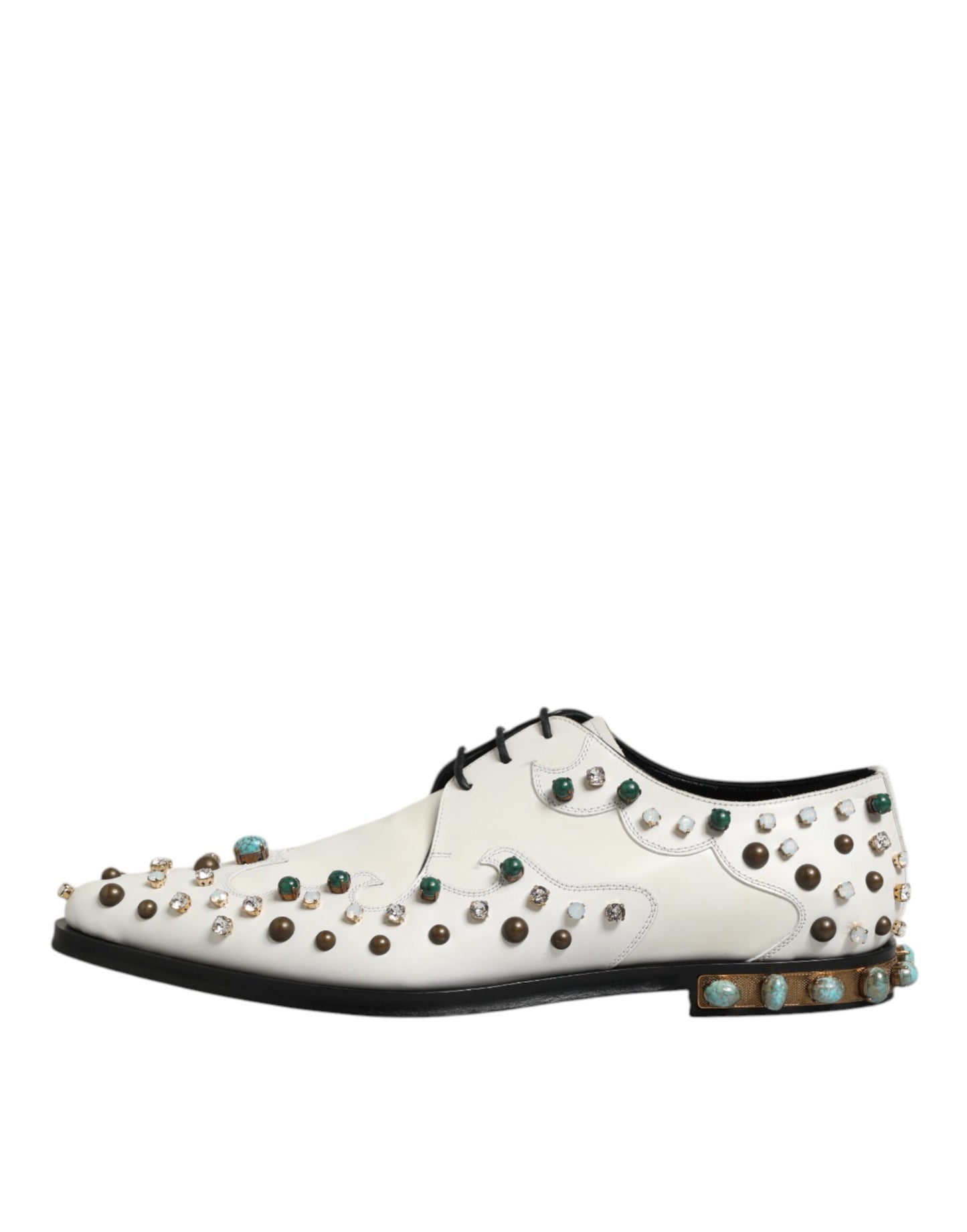 Dolce & Gabbana White Leather Crystals Embellished Derby Shoes