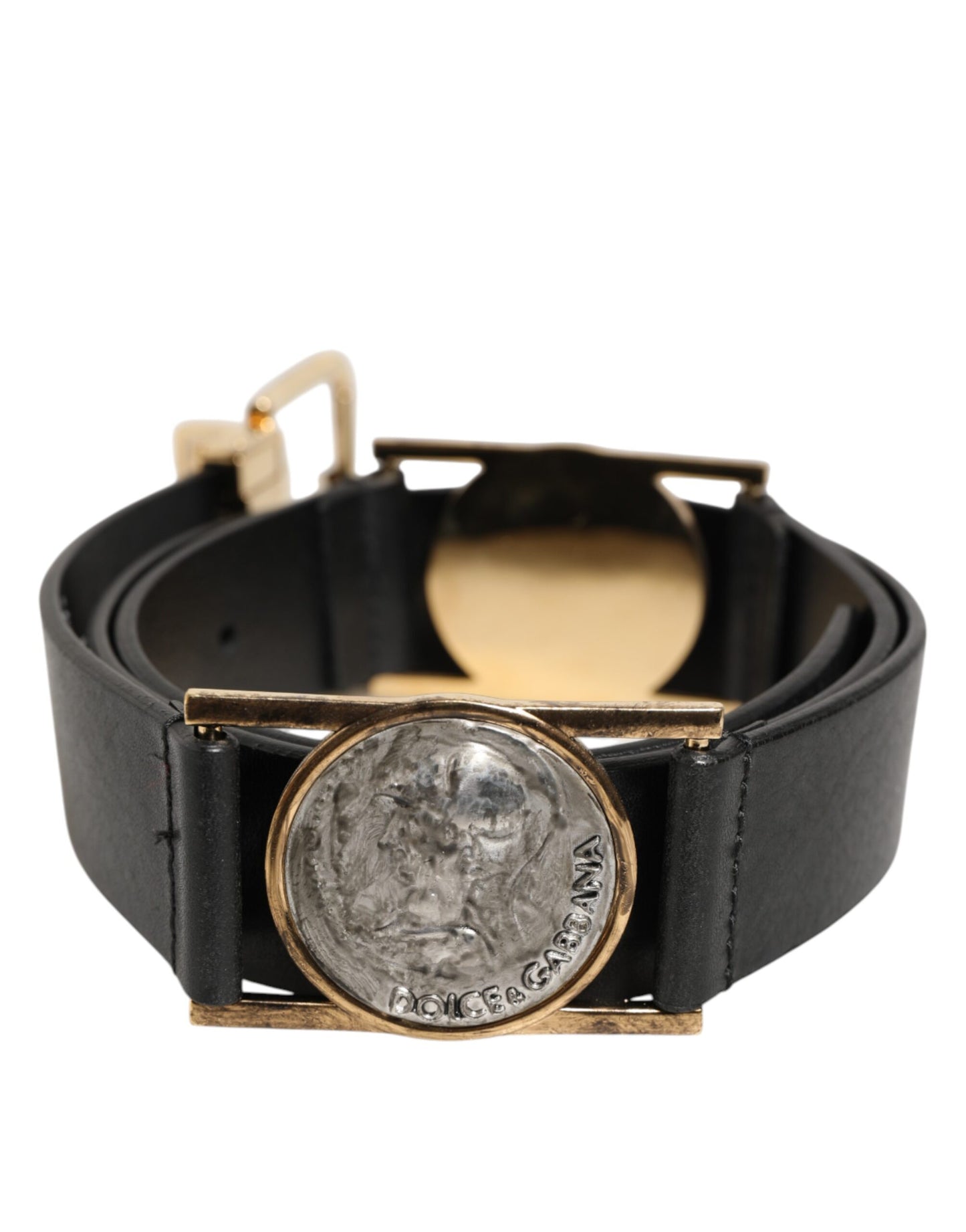 Dolce & Gabbana Black Leather Gold Silver Coin Buckle Belt