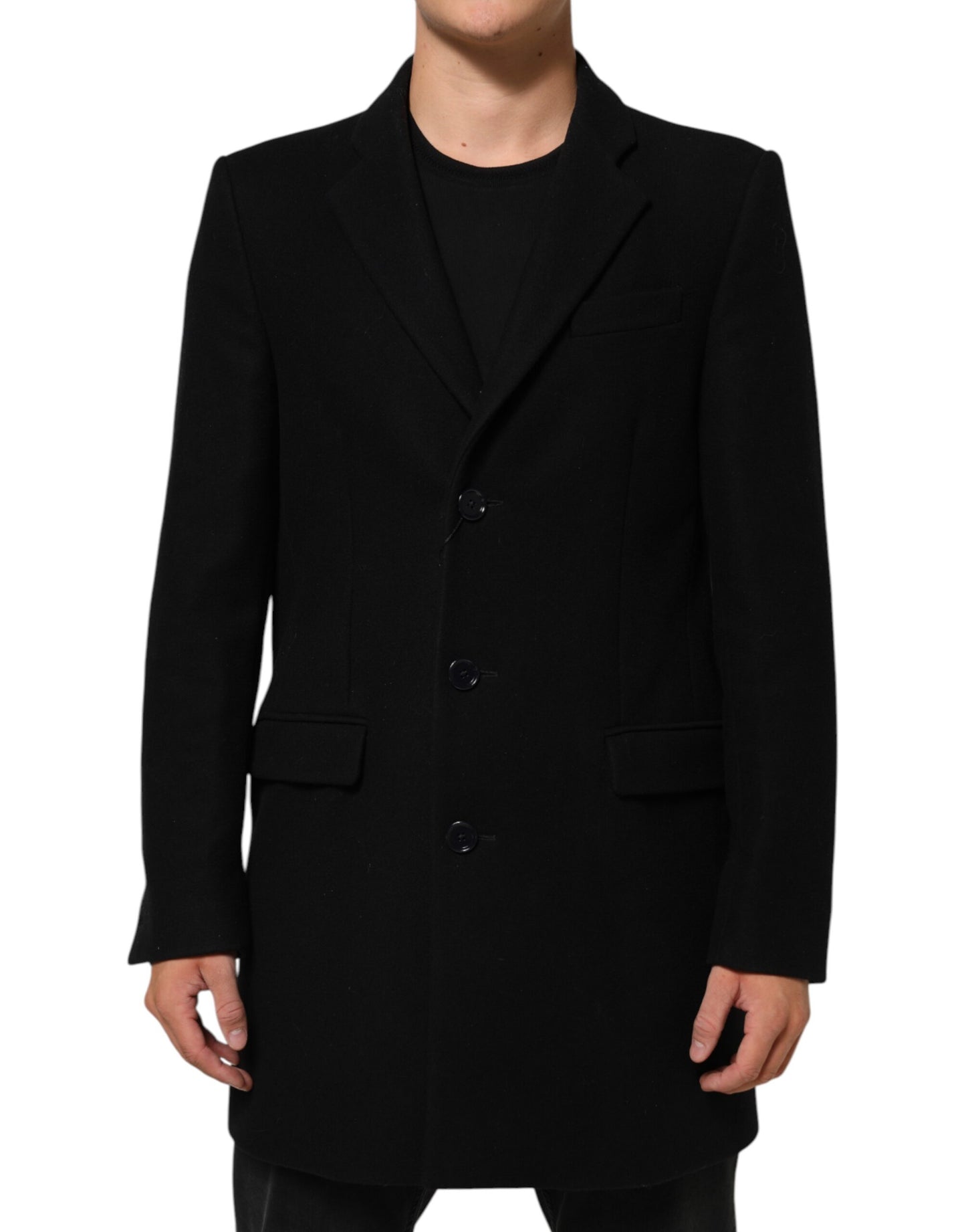 Dolce & Gabbana Black Wool Buttoned Men Trench Coat Jacket