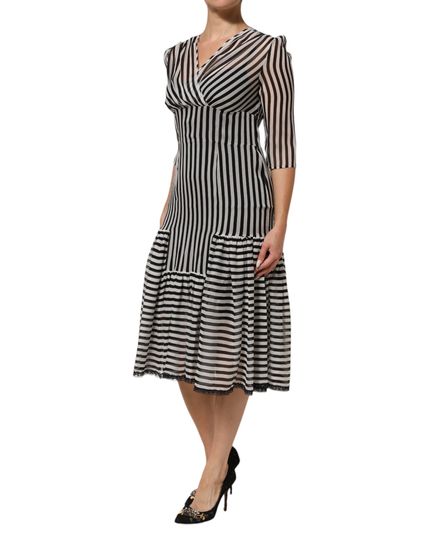 Dolce & Gabbana Black White Stripes Silk V-neck Midi Dress