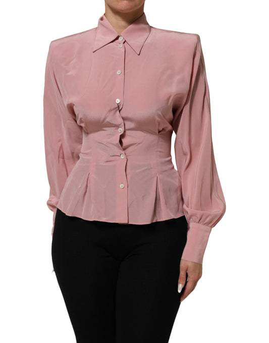 Dolce & Gabbana Pink Silk Collared Long Sleeves Blouse Top